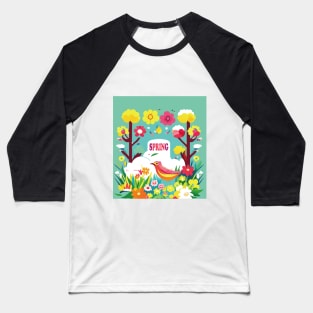 Blooming Spring Delight: Vibrant Flowers and Playful Birds Art Print Baseball T-Shirt